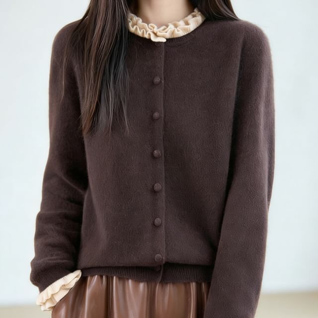 Crew Neck Contrast Frill Trim Button-Up Cardigan