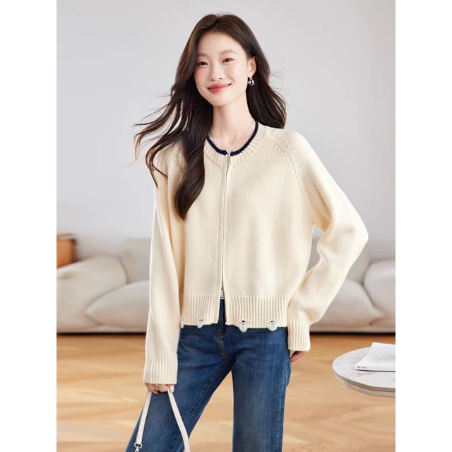Crew Neck Contrast Trim Distressed Zip-Up Cardigan