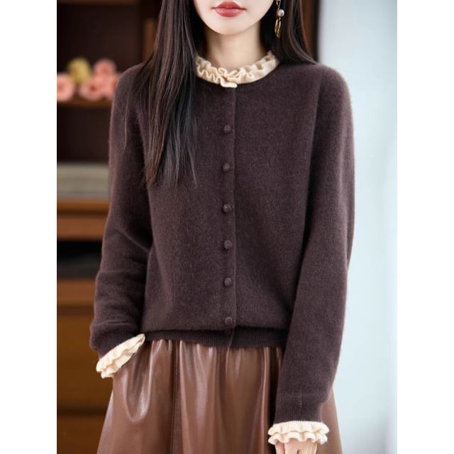 Crew Neck Contrast Frill Trim Button-Up Cardigan