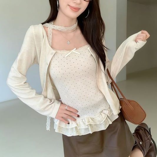Set: Plain Button-Up Crop Cardigan + Micro Dot Lace Trim Ruffle Hem Camisole Top