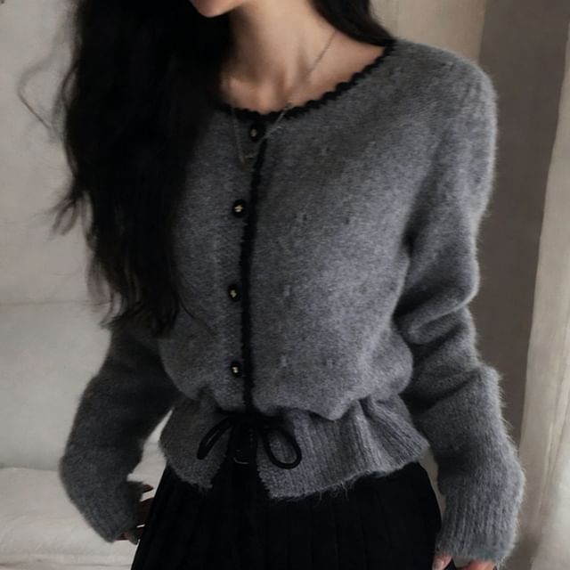 Contrast Trim Drawstring Button-Up Cardigan
