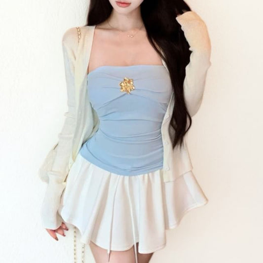 V-Neck Button-Up Plain Cardigan / Metal Accent Ruched Crop Tube Top / Drawstring Waist Mini A-Line Skort