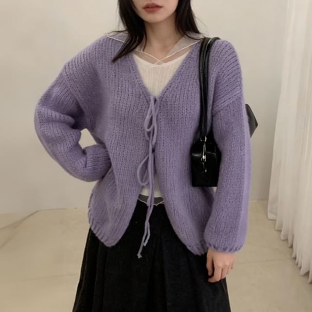 V-Neck Plain Tie-Front Cardigan