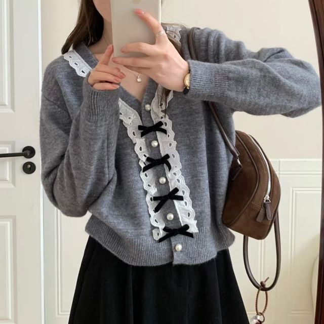 V-Neck Eyelet Lace Trim Faux Pearl Button-Up Cardigan