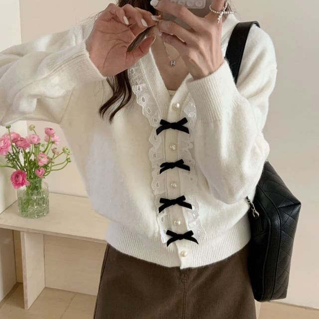 V-Neck Eyelet Lace Trim Faux Pearl Button-Up Cardigan