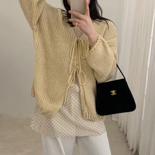 V-Neck Plain Tie-Front Cardigan
