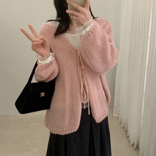 V-Neck Plain Tie-Front Cardigan
