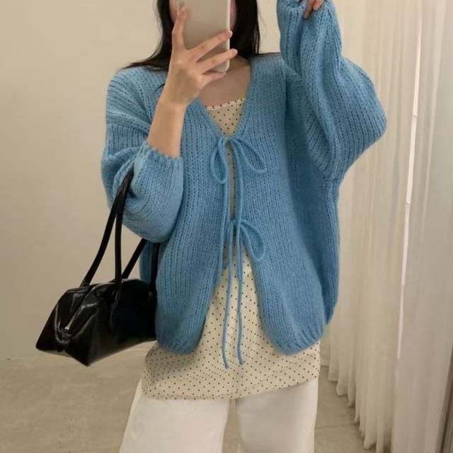 V-Neck Plain Tie-Front Cardigan
