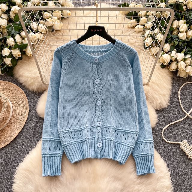 Crewneck Button-Up Plain Cardigan