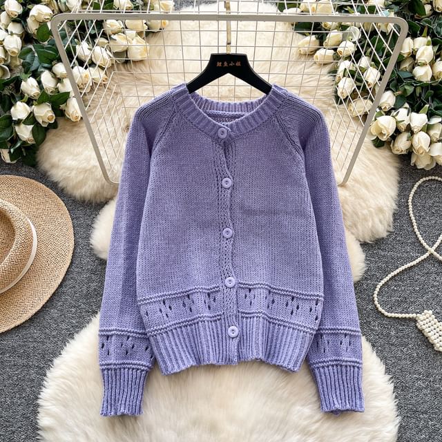 Crewneck Button-Up Plain Cardigan