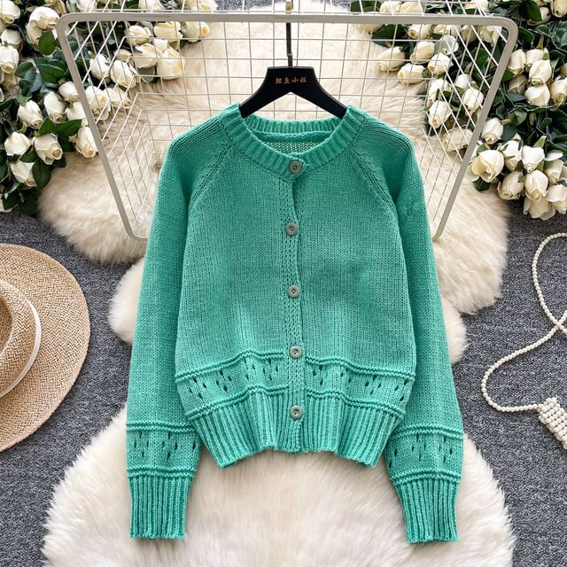 Crewneck Button-Up Plain Cardigan