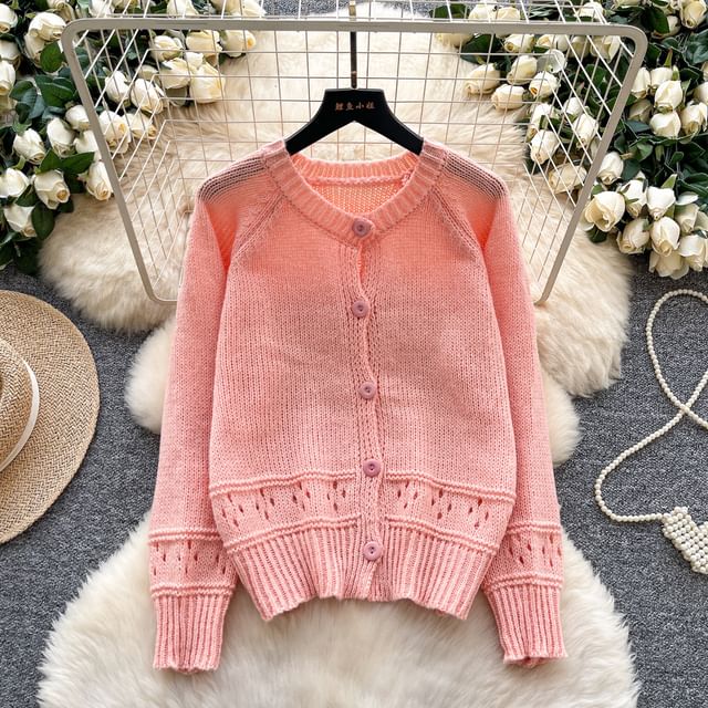 Crewneck Button-Up Plain Cardigan