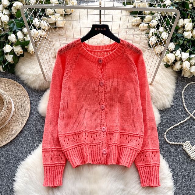Crewneck Button-Up Plain Cardigan