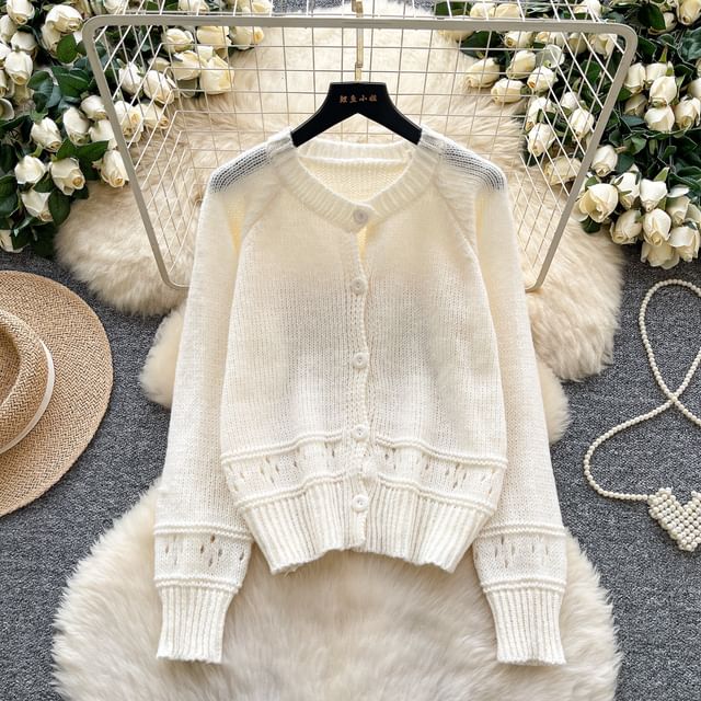 Crewneck Button-Up Plain Cardigan