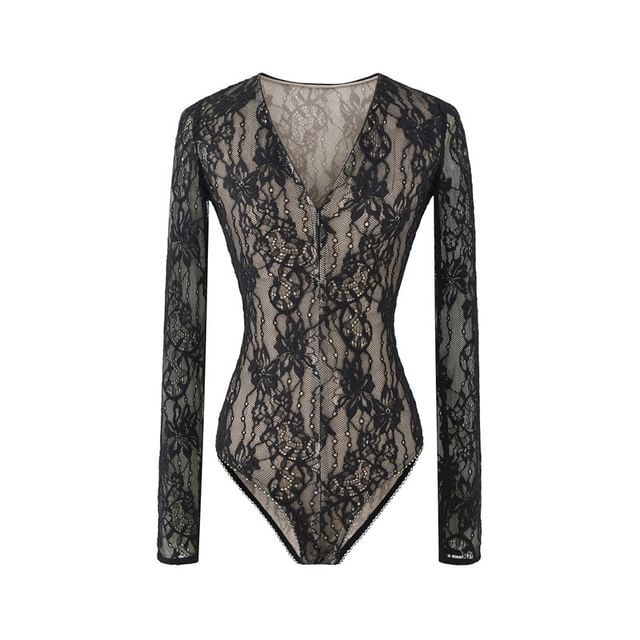 Lace Bodysuit V-Neck Long Sleeve
