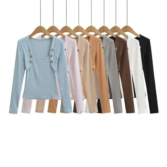Square Neck Button Tee Long Sleeve