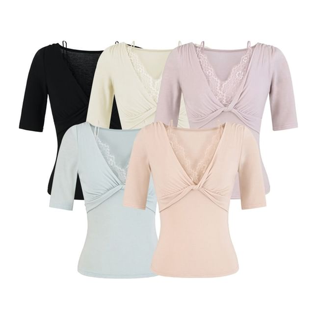 Lace Trim V-Neck Tee Elbow Sleeve