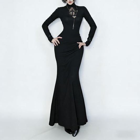 Long-Sleeve Turtleneck Plain Maxi Sheath Dress
