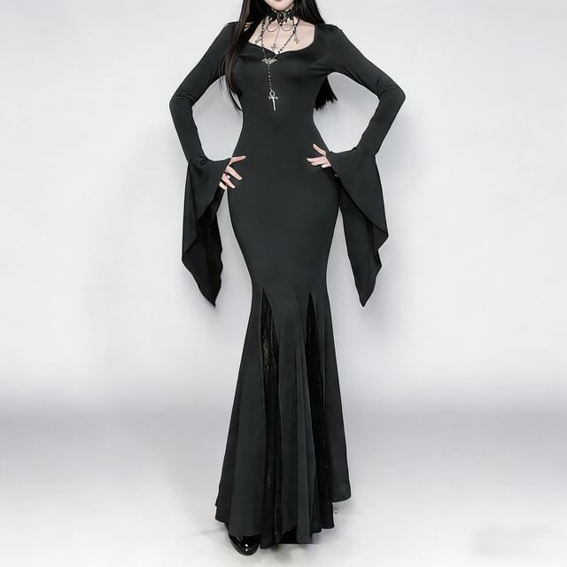 Flare-Sleeve Square Neck Plain Maxi Mermaid Dress