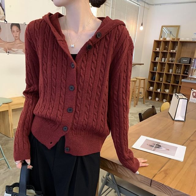 Plain Hood Cable Knit Cardigan
