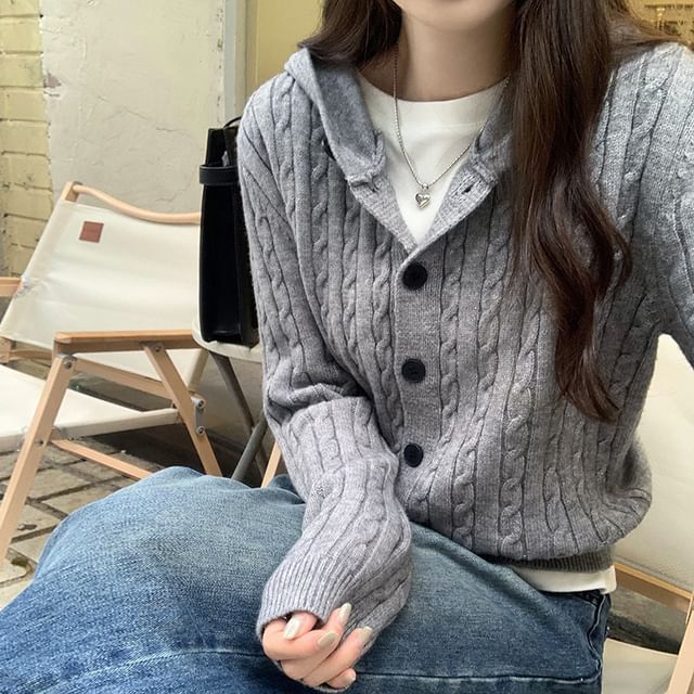 Plain Hood Cable Knit Cardigan