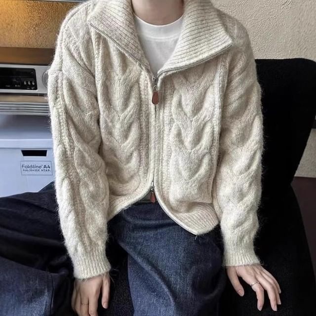 Stand Collar Plain Cable Knit Zip Cardigan