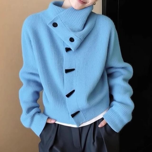 Stand Collar Plain Ribbed Toggle Cardigan