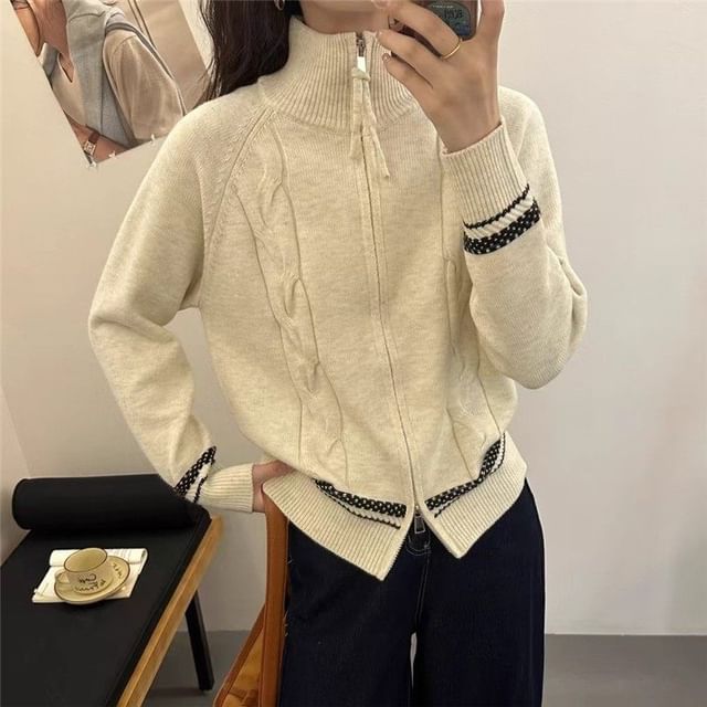Stand Collar Dotted Panel Cable Knit Zip Cardigan