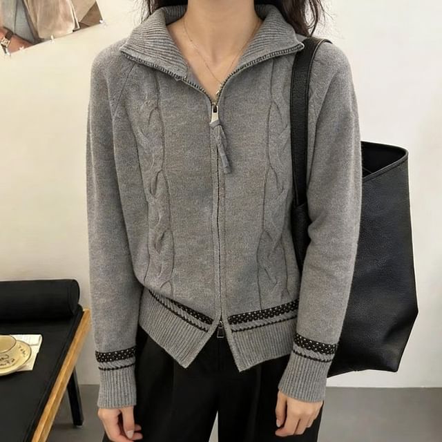 Stand Collar Dotted Panel Cable Knit Zip Cardigan