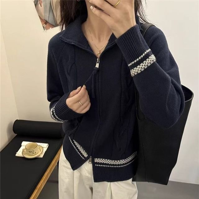 Stand Collar Dotted Panel Cable Knit Zip Cardigan