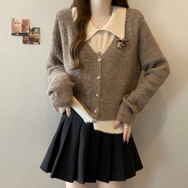 Collared Mock Two Piece Ribbed Cardigan
