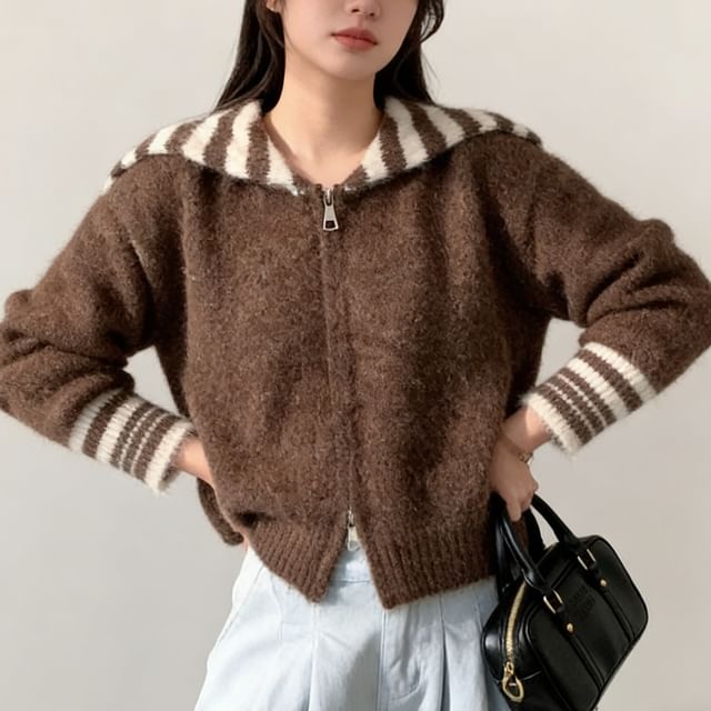Collared Striped Zip Cardigan