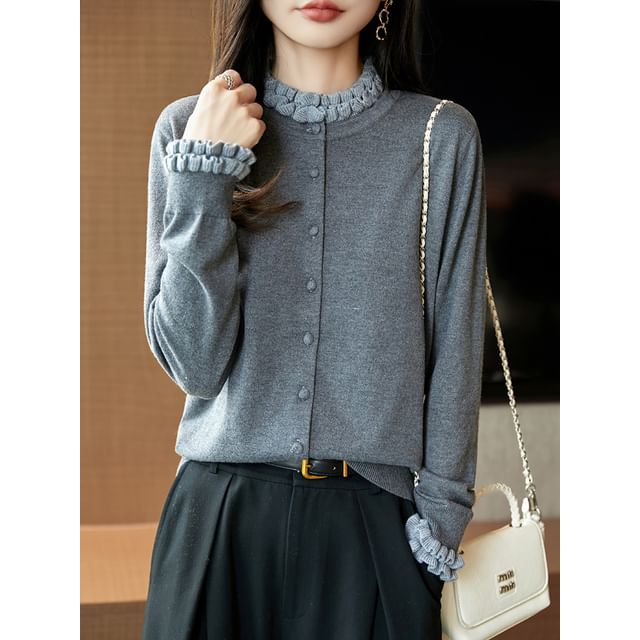 Stand Collar Contrast Frill Trim Button-Up Cardigan