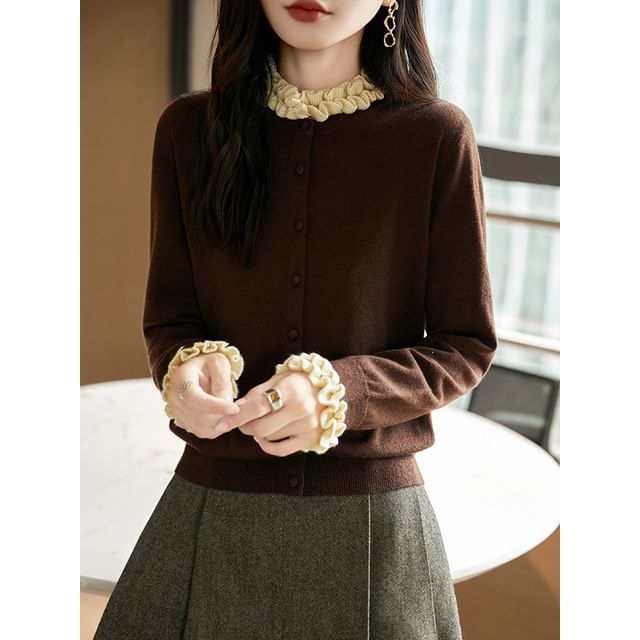 Stand Collar Contrast Frill Trim Button-Up Cardigan