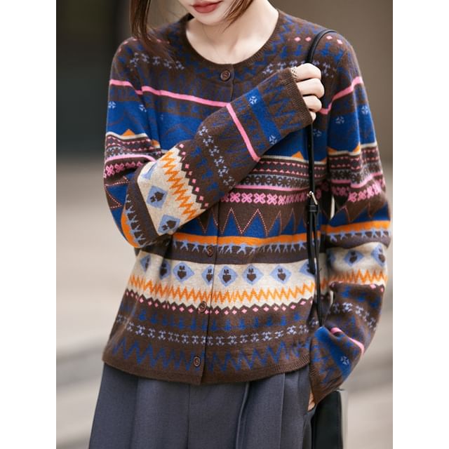 Crew Neck Nordic Jacquard Button-Up Cardigan