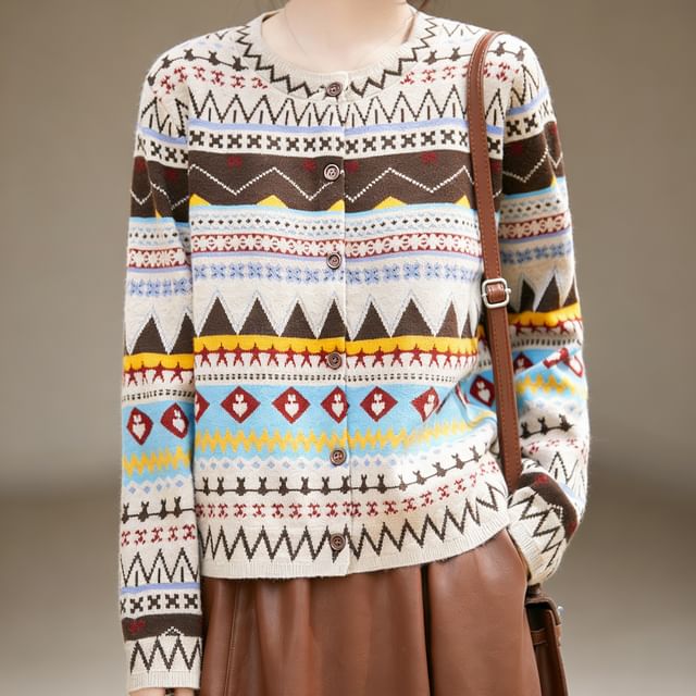 Crew Neck Nordic Jacquard Button-Up Cardigan
