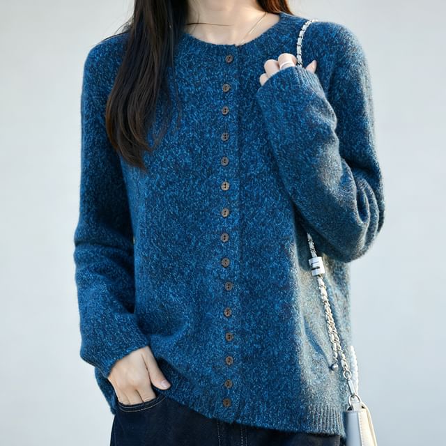 Crew Neck Melange Button-Up Cardigan