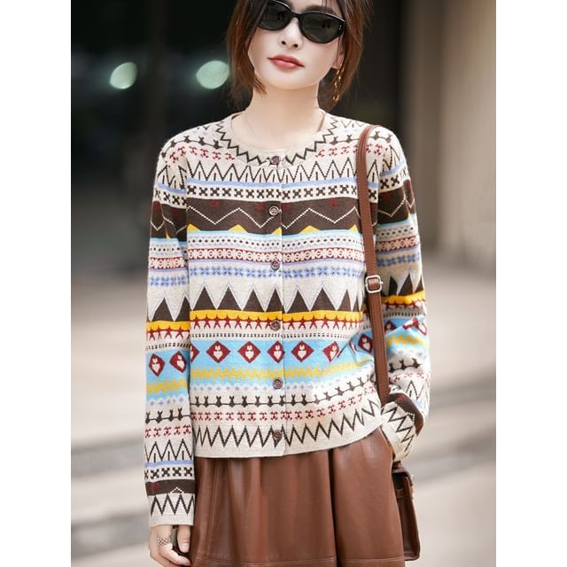 Crew Neck Nordic Jacquard Button-Up Cardigan