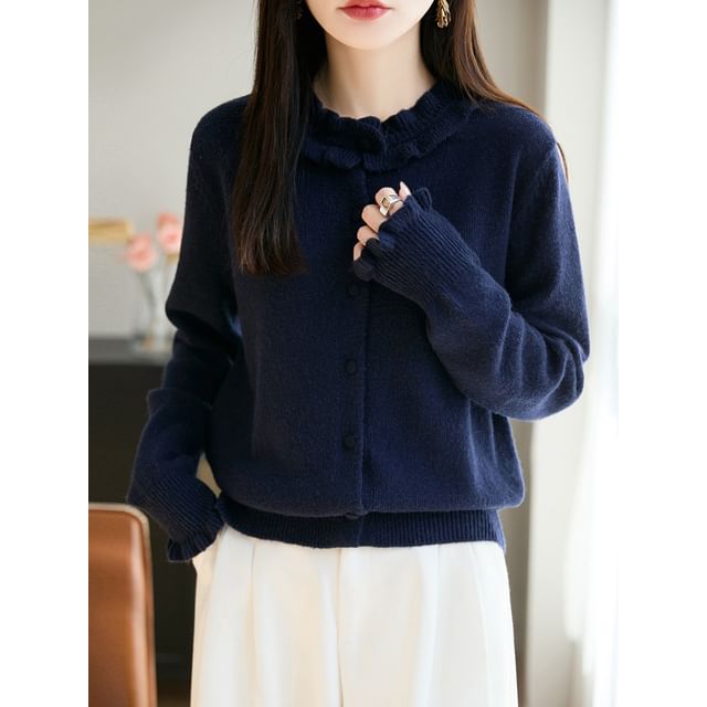 Crew Neck Frill Trim Button-Up Plain Cardigan