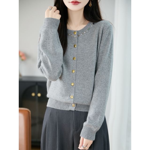 Crew Neck Embellished Button-Up Cardigan