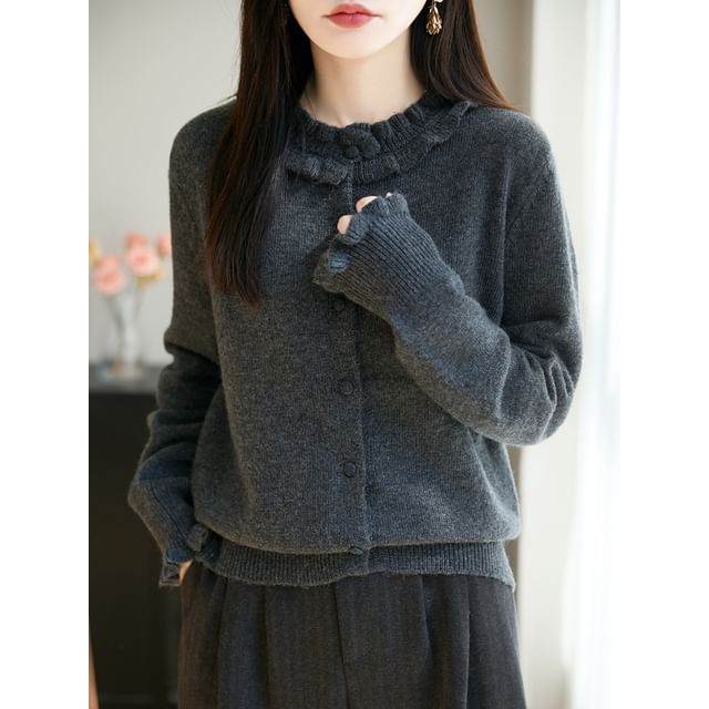 Crew Neck Frill Trim Button-Up Plain Cardigan