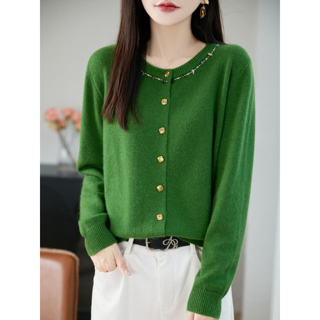 Crew Neck Embellished Button-Up Cardigan