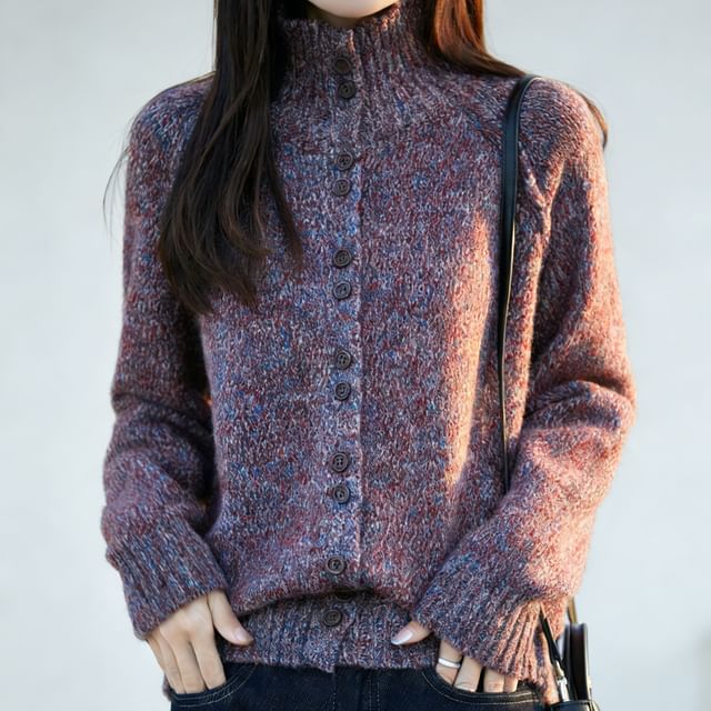 Stand Collar Melange Button-Up Cardigan