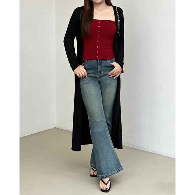 V-Neck Button-Up Plain Long Cardigan