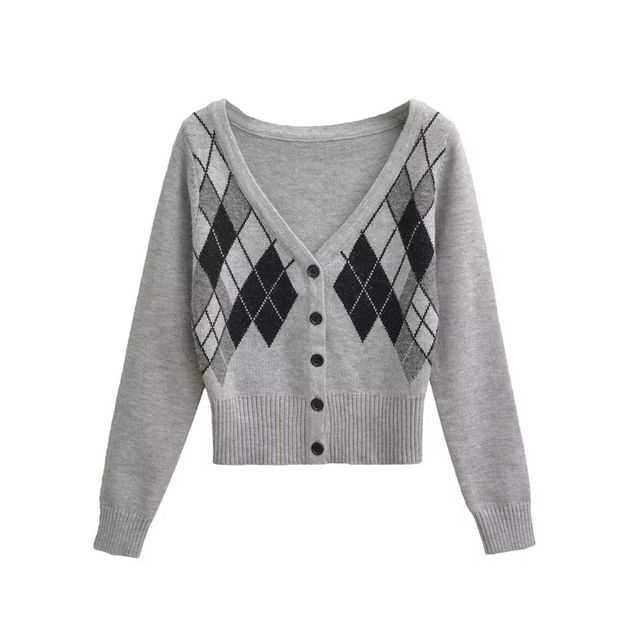 V-Neck Argyle Button Up Cardigan