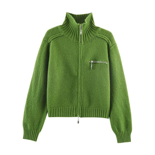 Stand Collar Zip-Up Plain Cardigan