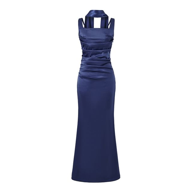 Set: Sleeveless Square Neck Plain Ruched Maxi Mermaid Dress + Scarf