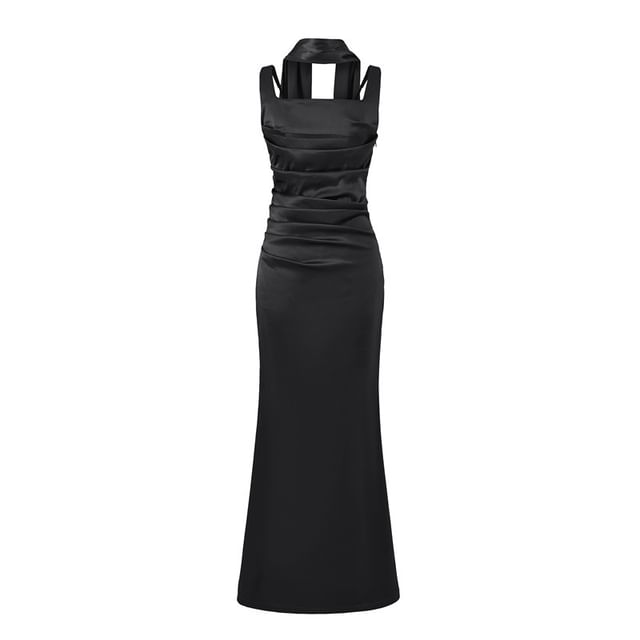 Set: Sleeveless Square Neck Plain Ruched Maxi Mermaid Dress + Scarf