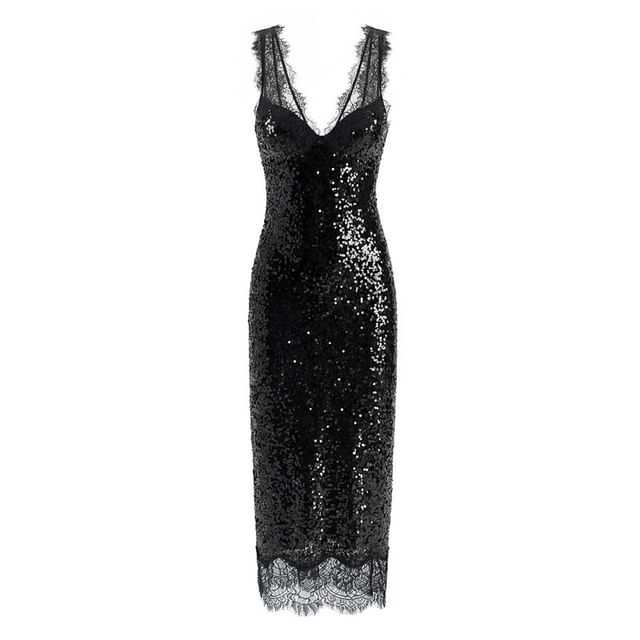 Sleeveless V-Neck Sequin Lace Panel Slit Maxi Sheath Dress