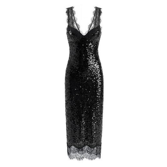 Sleeveless V-Neck Sequin Lace Panel Slit Maxi Sheath Dress